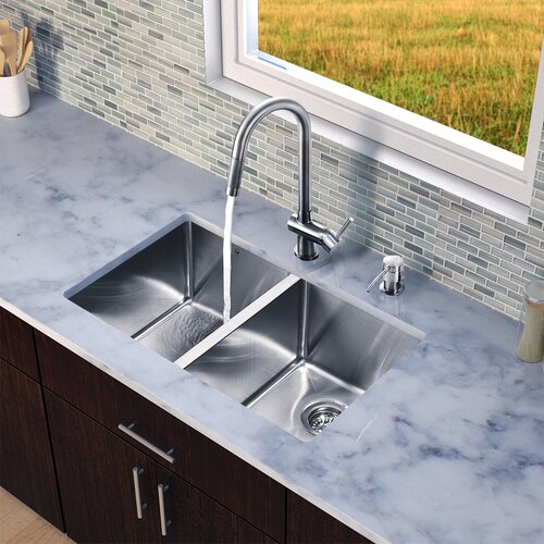 Vigo 29 x 20 Double Bowl Kitchen Sink with Pull Out Faucet