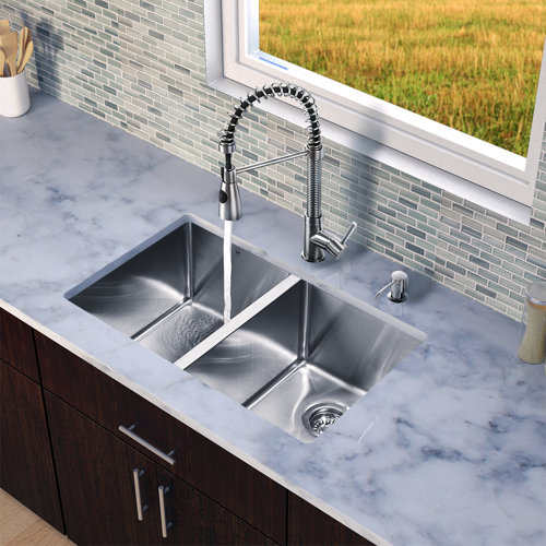 Vigo 29 x 20 x 9.9 Double Bowl Kitchen Sink with Sprayer Faucet