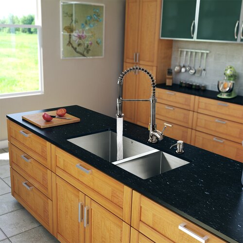 Vigo 29 x 20 Zero Radius Double Bowl Kitchen Sink with Sprayer