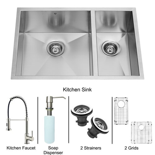 Vigo 29 x 20 Zero Radius Double Bowl Kitchen Sink with Sprayer