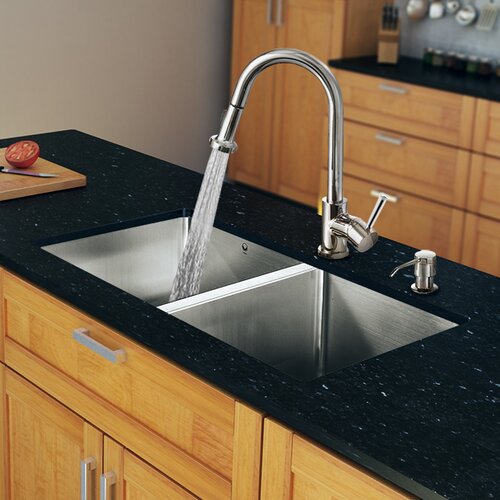 Vigo 29 x 20 Double Bowl Kitchen Sink with Pull Out Sprayer Faucet