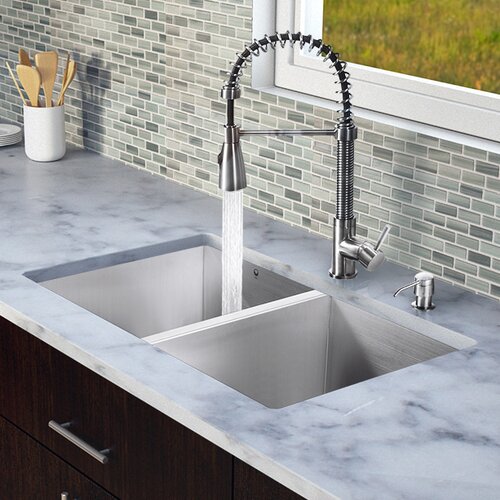 Vigo 32 x 19 Zero Radius Double Bowl Kitchen Sink with Sprayer