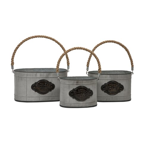 IMAX 3 Piece Peterson Galvanized Planter with Jute Handle Set