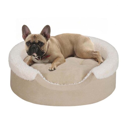 Soft Touch Tan Faux Suede Oval Cuddler Pet Bed with Ivory Microberber